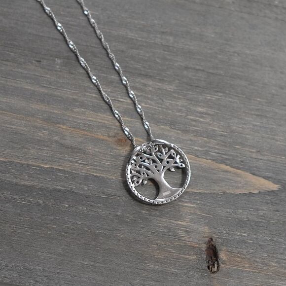 Sterling Silver Life Tree Birthstone Necklace Pink Blue CZ September October - Picture 6 of 8